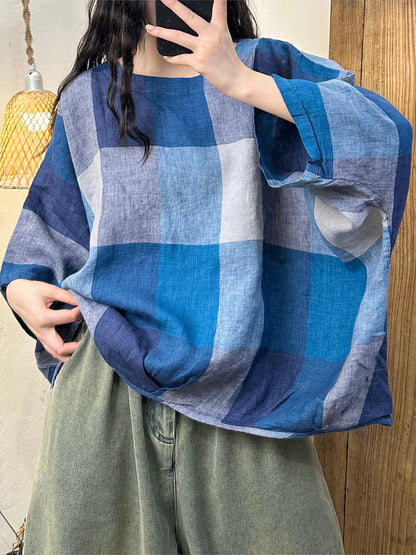 Women Summer Casual Plaid Batwing SLeeve Linen Shirt HH038