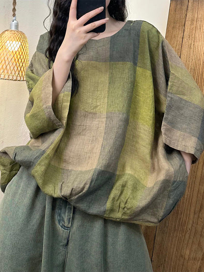 Women Summer Casual Plaid Batwing SLeeve Linen Shirt HH038