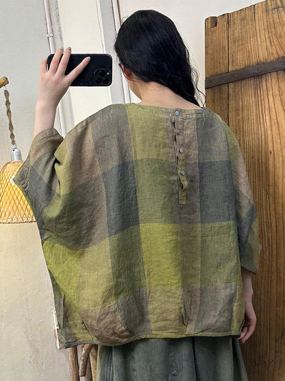 Women Summer Casual Plaid Batwing SLeeve Linen Shirt HH038