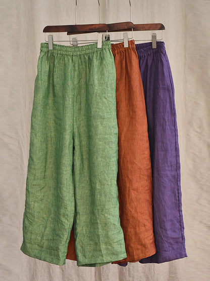 Women Summer 100% Linen  Pure Color Straight Pants HH027