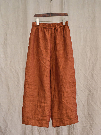 Women Summer 100% Linen  Pure Color Straight Pants HH027