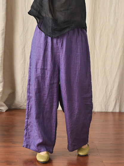 Women Summer 100% Linen  Pure Color Straight Pants HH027