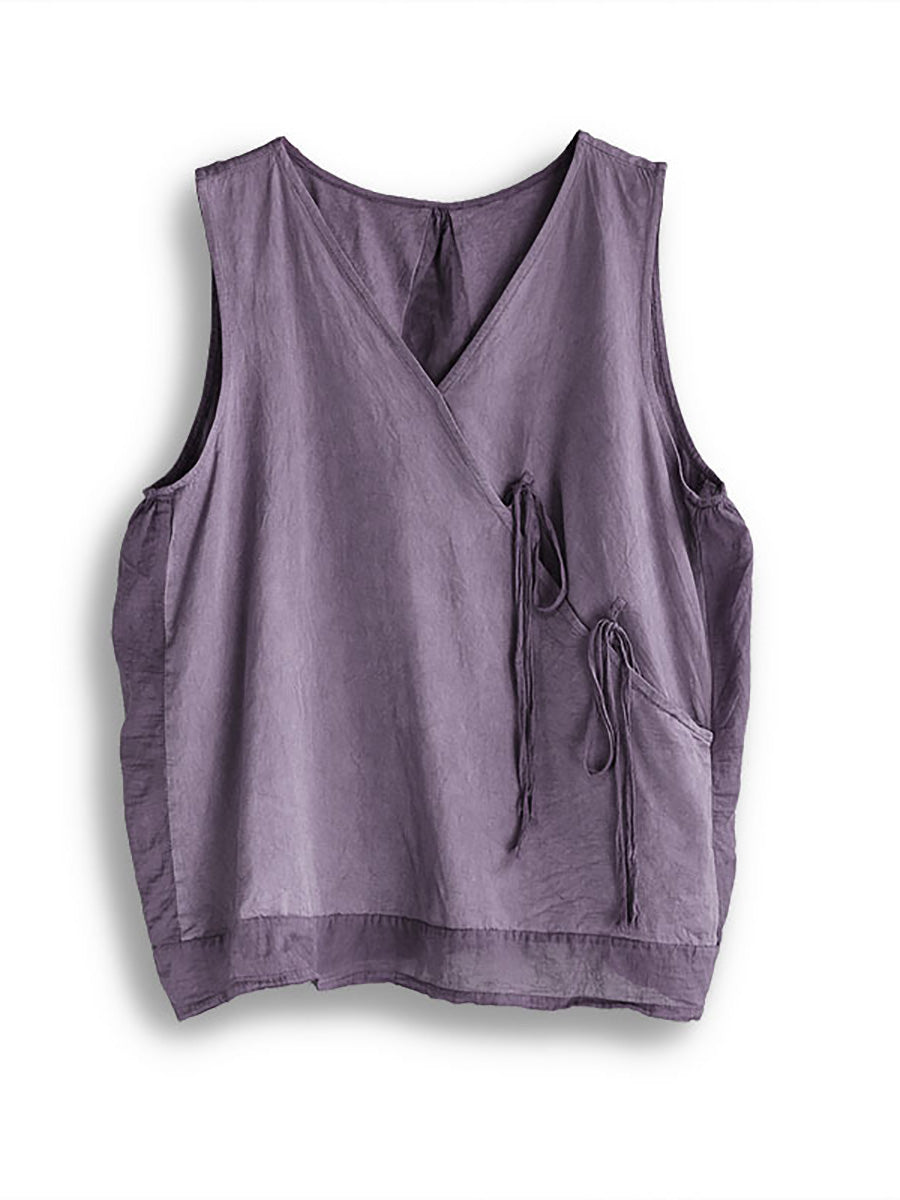 Women Summer Artsy Strap Solid V-Neck Vest HH004