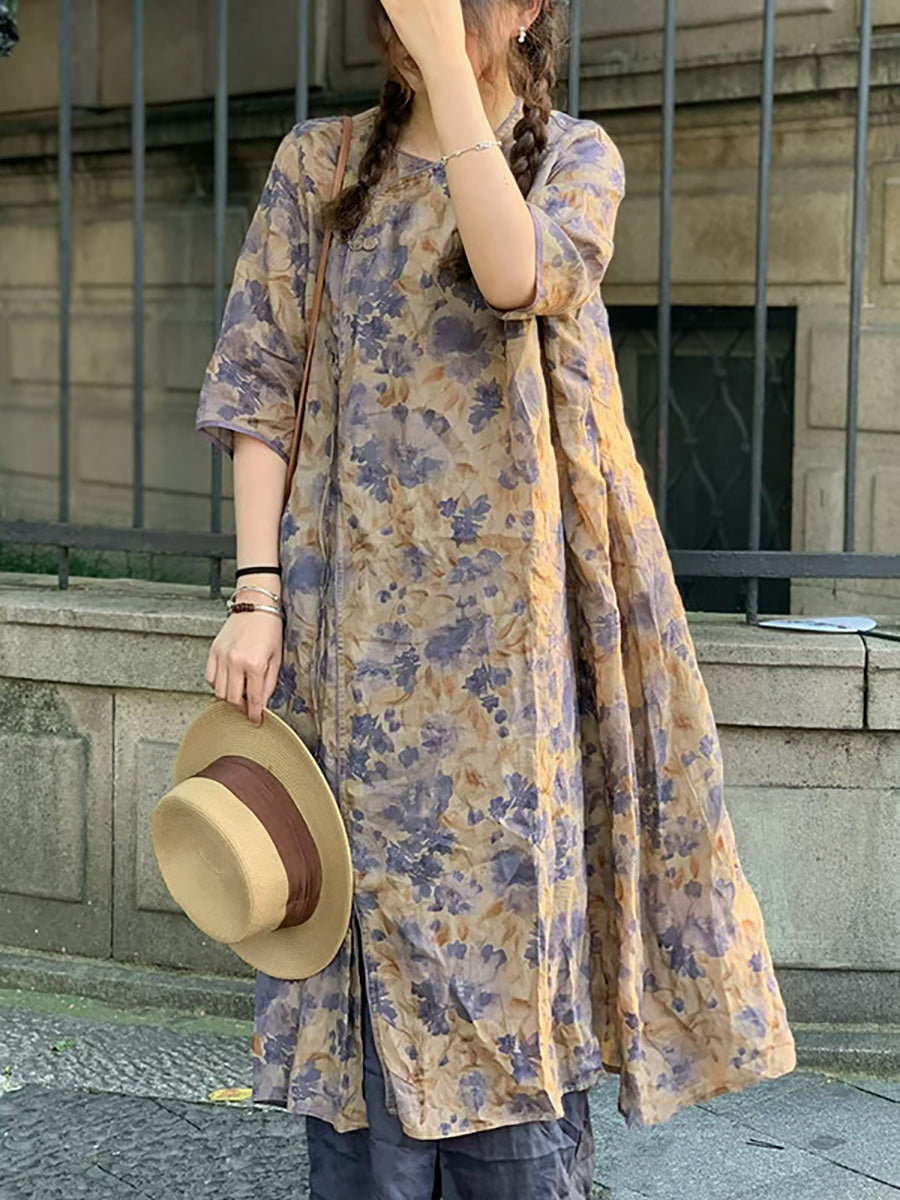 Robe d'été vintage en ramie à bretelles épissées et à fleurs pour femmes HH007