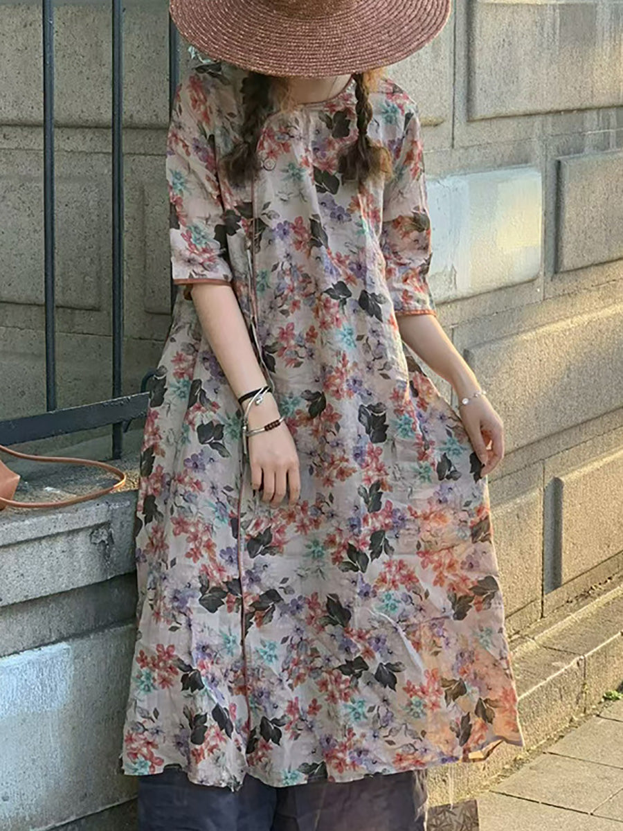 Robe d'été vintage en ramie à bretelles épissées et à fleurs pour femmes HH007