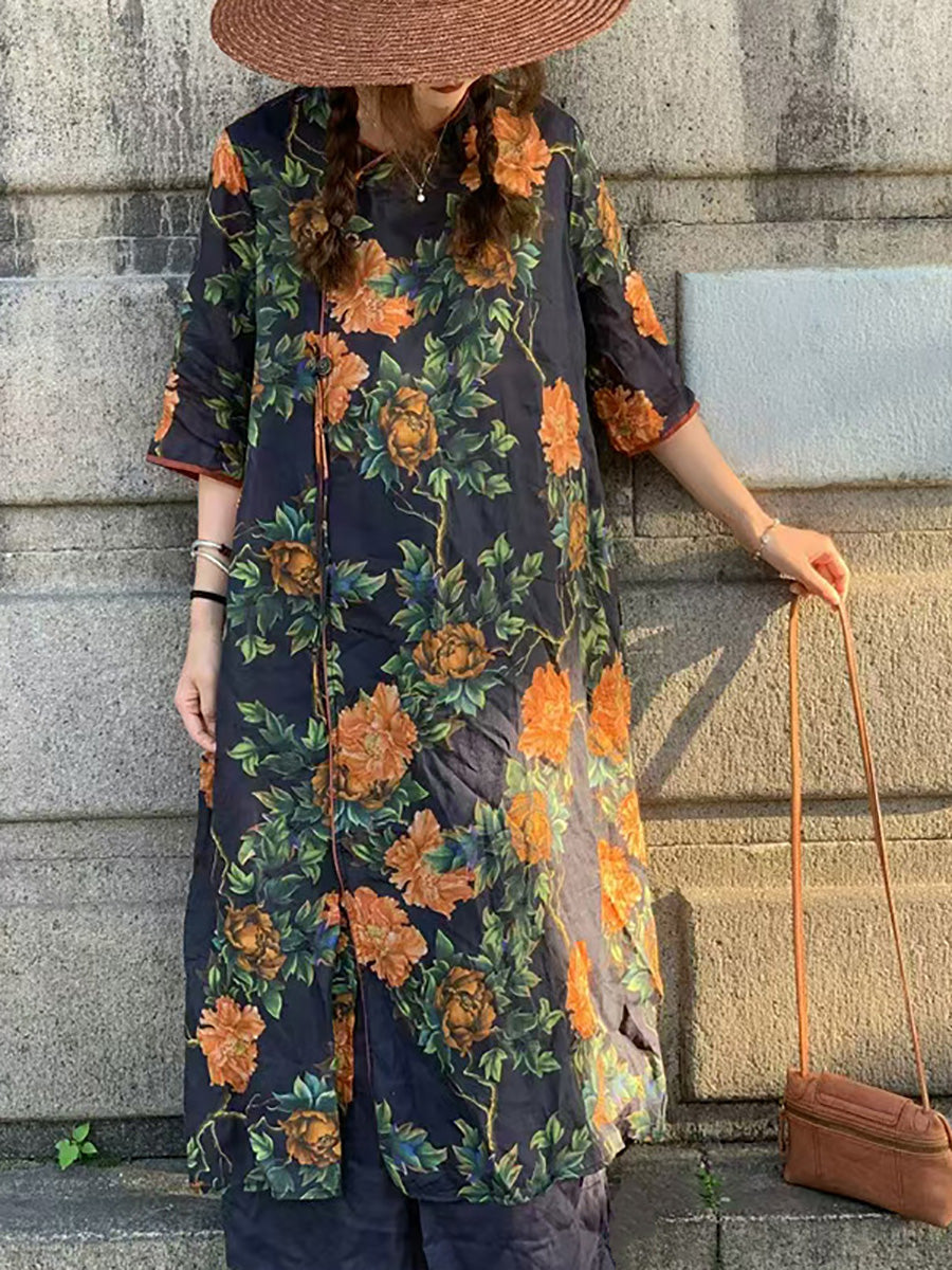 Robe d'été vintage en ramie à bretelles épissées et à fleurs pour femmes HH007