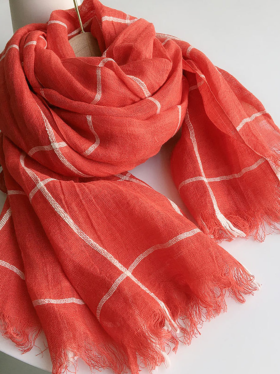 Women Artsy Plaid Linen Shawl Tassel Scarf HH017