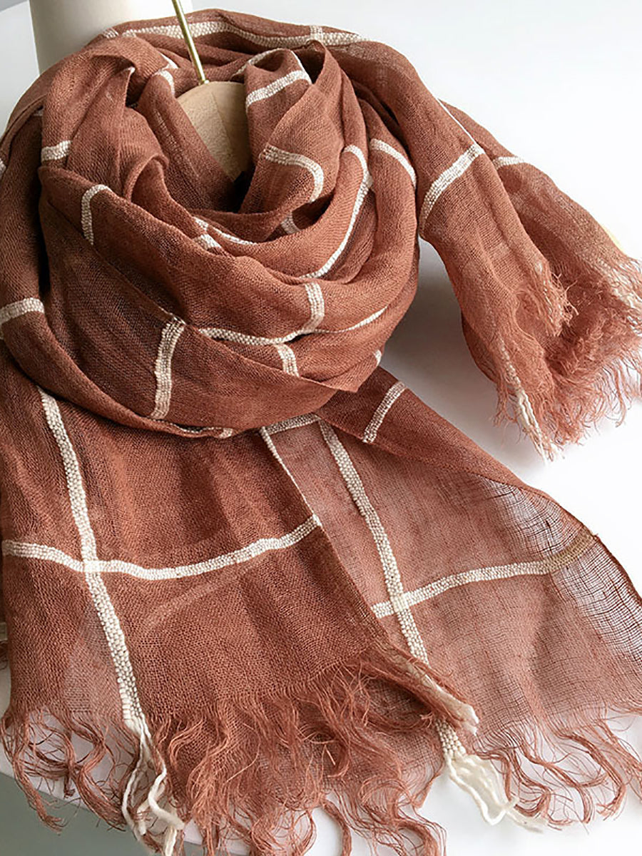 Women Artsy Plaid Linen Shawl Tassel Scarf HH017