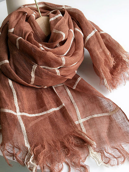 Women Artsy Plaid Linen Shawl Tassel Scarf HH017