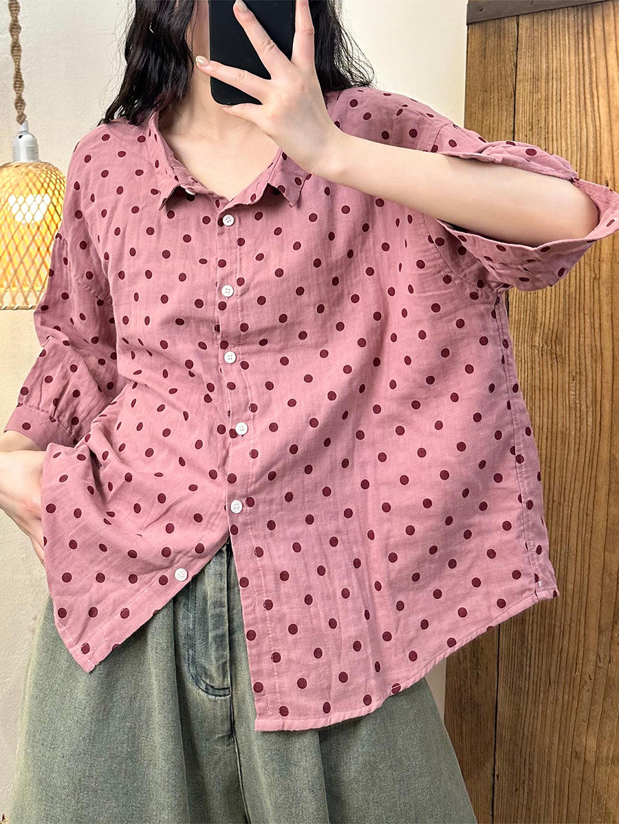 Women Summer Casual Dot Button-up Cotton Shirt HH020