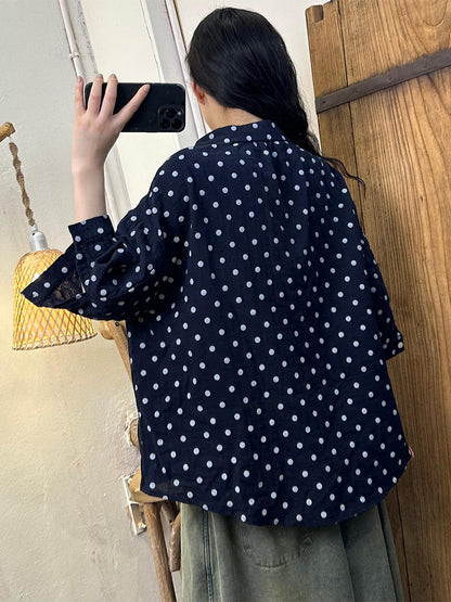 Women Summer Casual Dot Button-up Cotton Shirt HH020