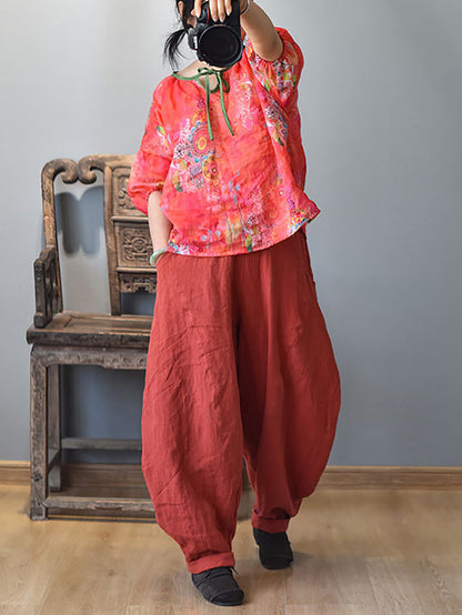 Women Summer Vintage Solid Linen Harem Pants LL029