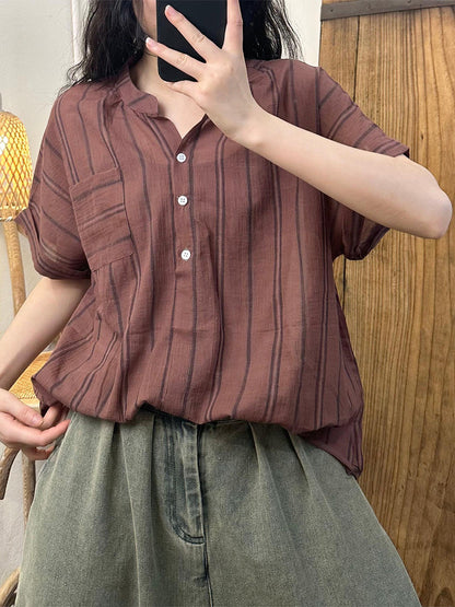 Women Summer Casual Stripe Colorblock Linen Loose Shirt LL045