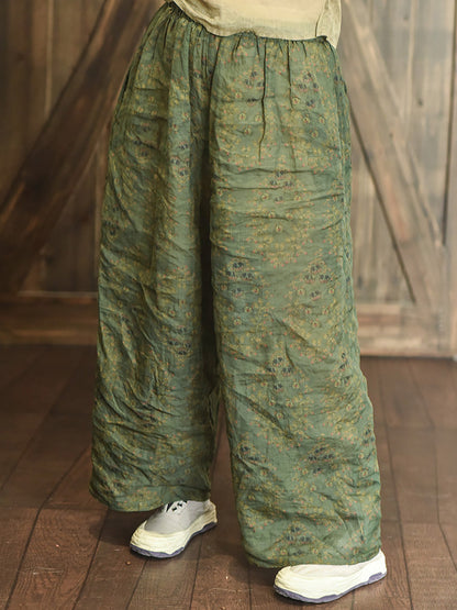 Women Summer Vintage Print Ramie Wide-leg Pants LL047