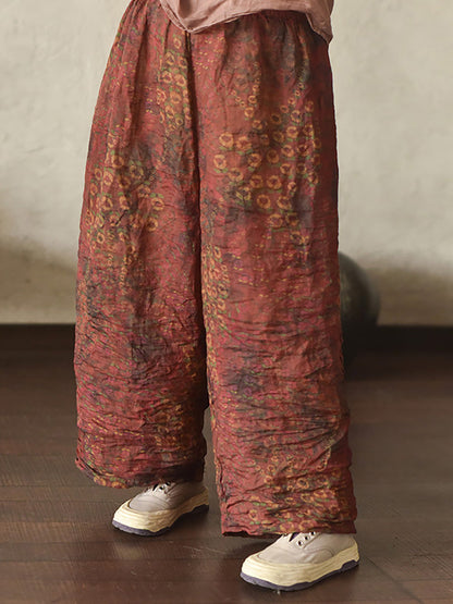 Women Summer Vintage Print Ramie Wide-leg Pants LL047