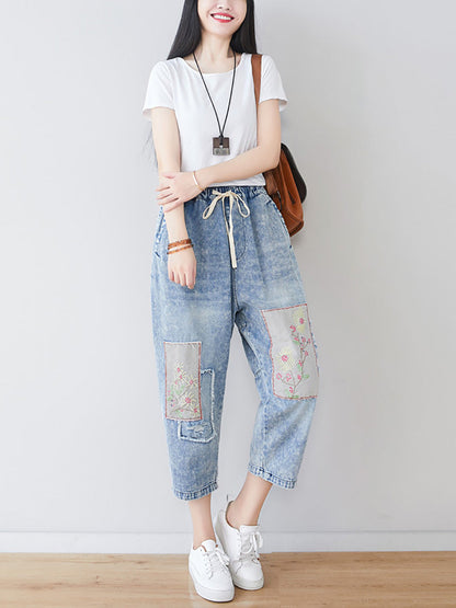 Women Summer Vintage Flower Patch Spliced Denim Pants LL006