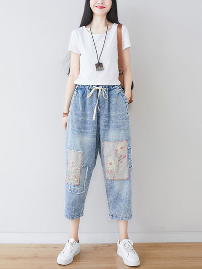 Women Summer Vintage Flower Patch Spliced Denim Pants LL006