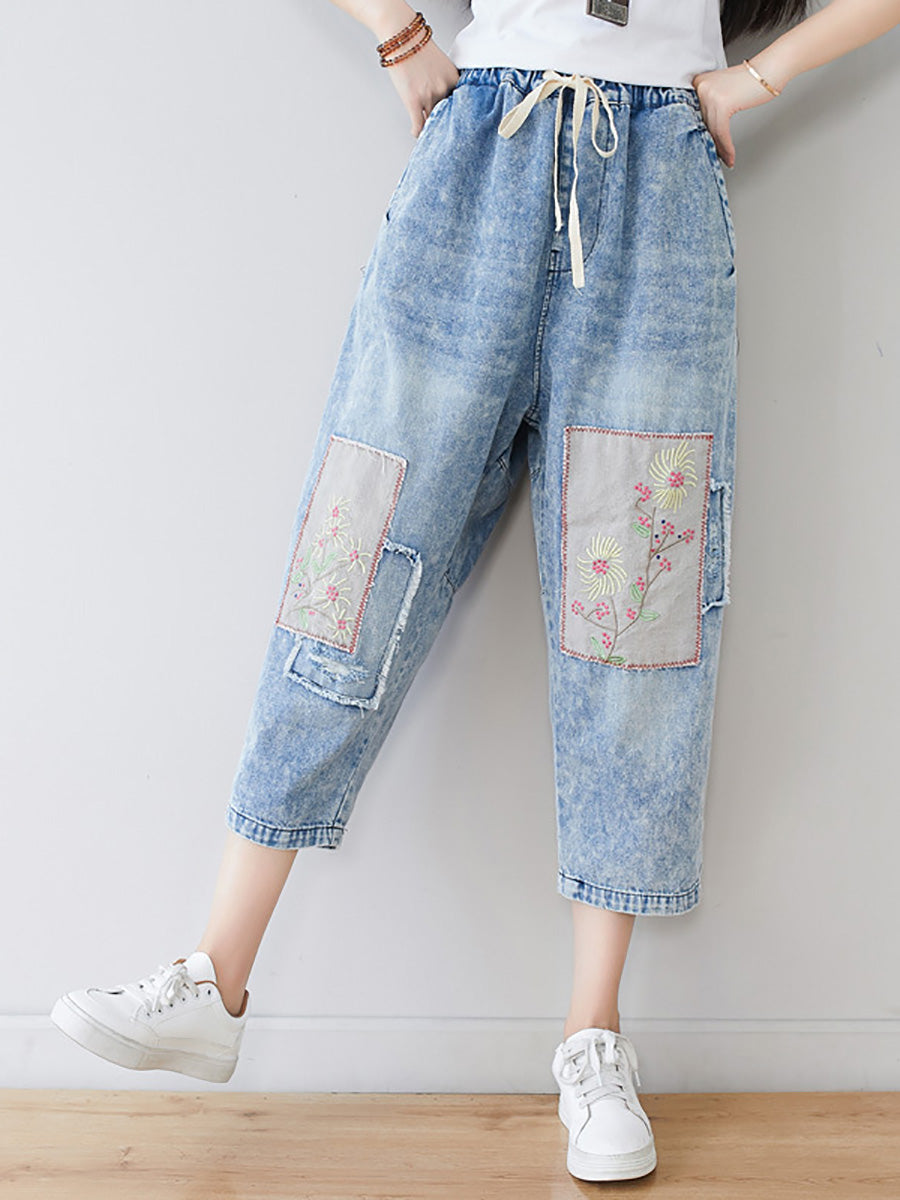 Pantalon en denim épissé à patchs floraux vintage pour femme LL006