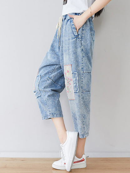 Women Summer Vintage Flower Patch Spliced Denim Pants LL006