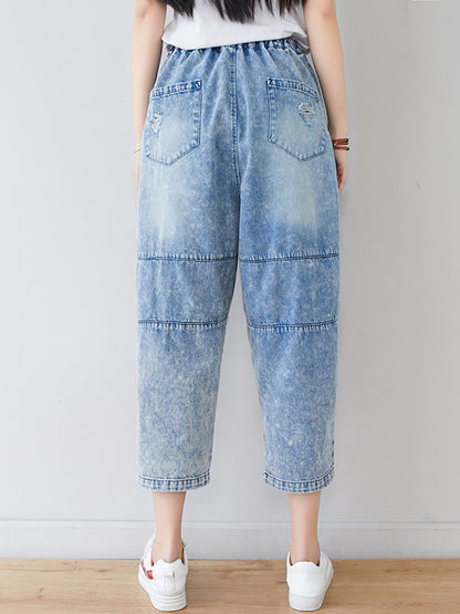 Women Summer Vintage Flower Patch Spliced Denim Pants LL006