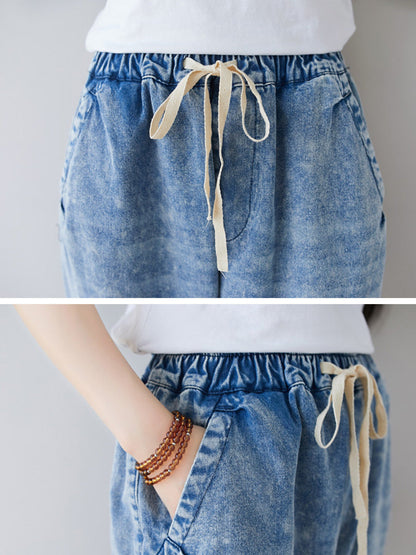 Women Summer Vintage Flower Patch Spliced Denim Pants LL006