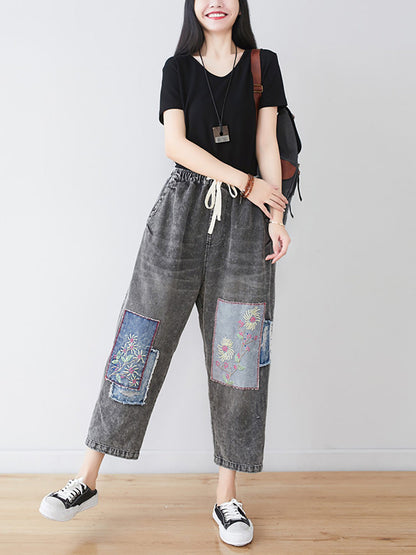 Women Summer Vintage Flower Patch Spliced Denim Pants LL006