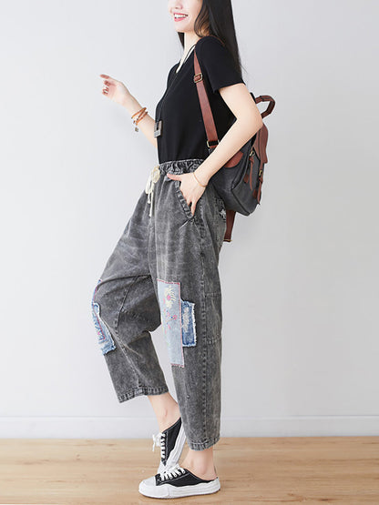 Women Summer Vintage Flower Patch Spliced Denim Pants LL006