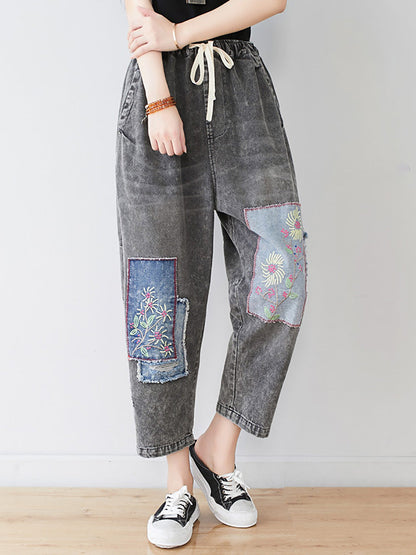 Women Summer Vintage Flower Patch Spliced Denim Pants LL006