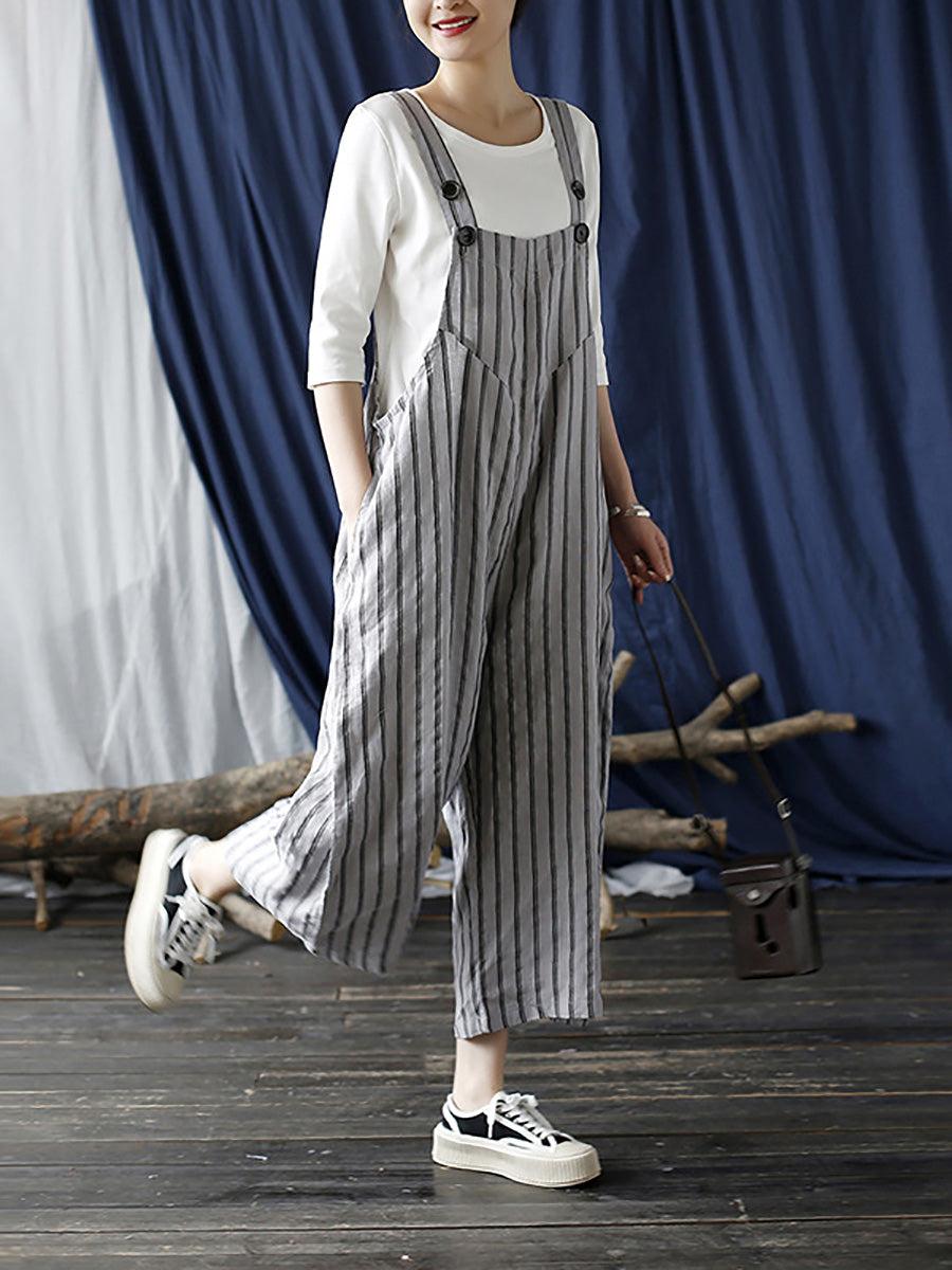 Women Summer Casual Stripe Wide-leg Linen Jumpsuits LL008