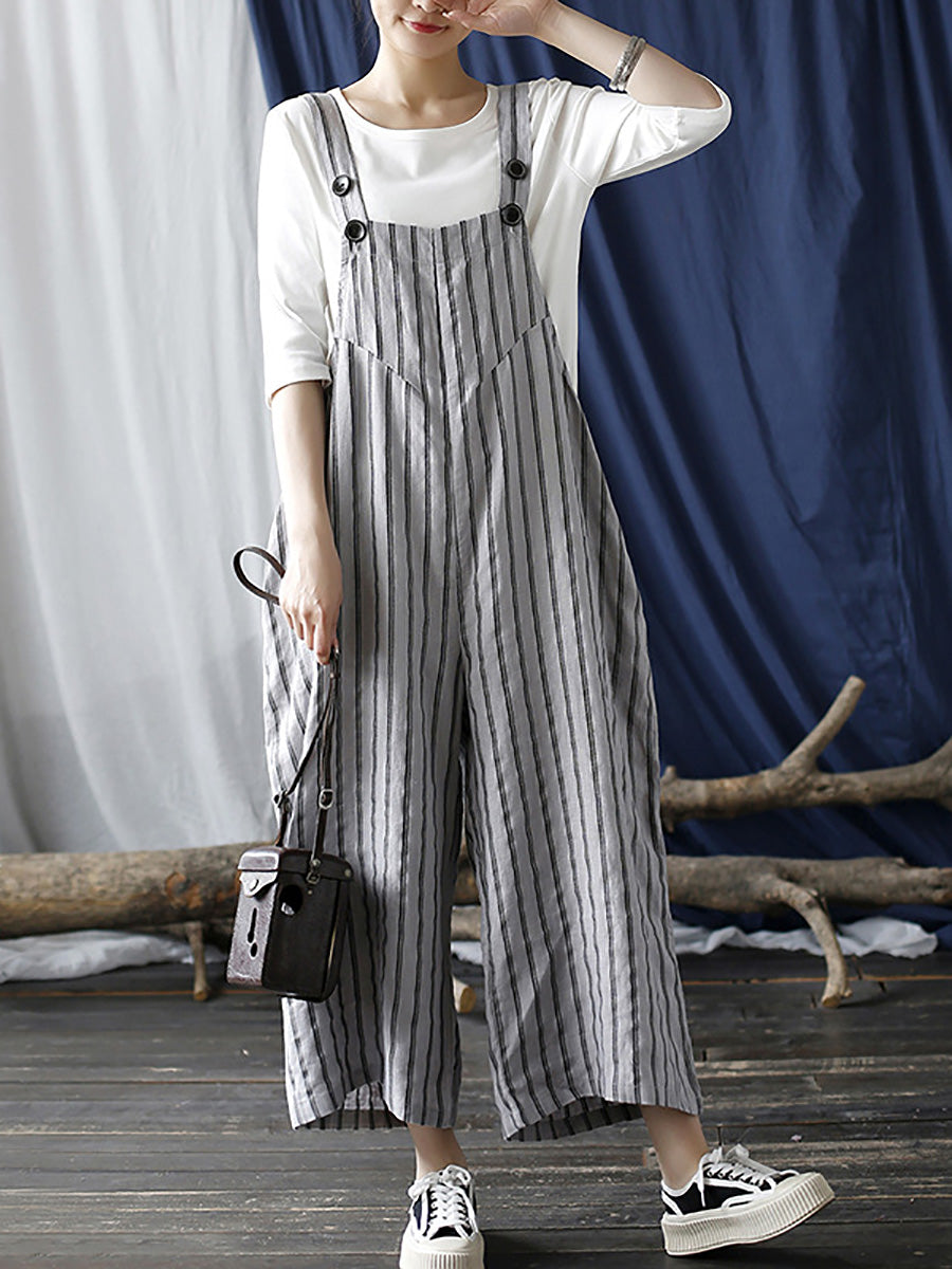 Women Summer Casual Stripe Wide-leg Linen Jumpsuits LL008