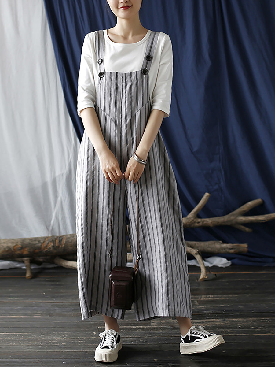 Women Summer Casual Stripe Wide-leg Linen Jumpsuits LL008