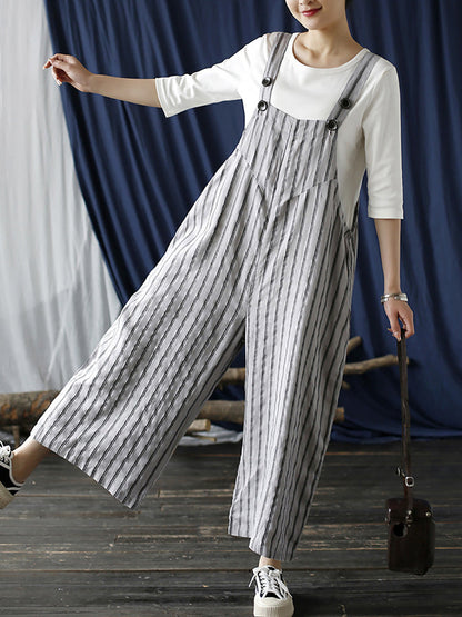 Women Summer Casual Stripe Wide-leg Linen Jumpsuits LL008