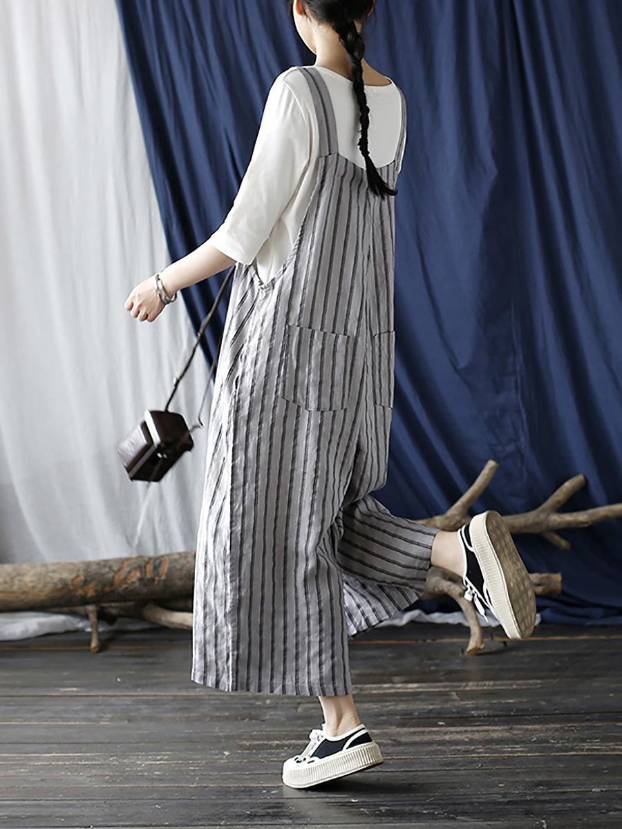 Women Summer Casual Stripe Wide-leg Linen Jumpsuits LL008