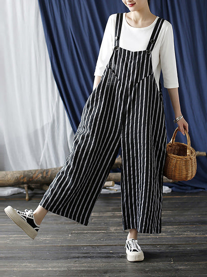 Women Summer Casual Stripe Wide-leg Linen Jumpsuits LL008