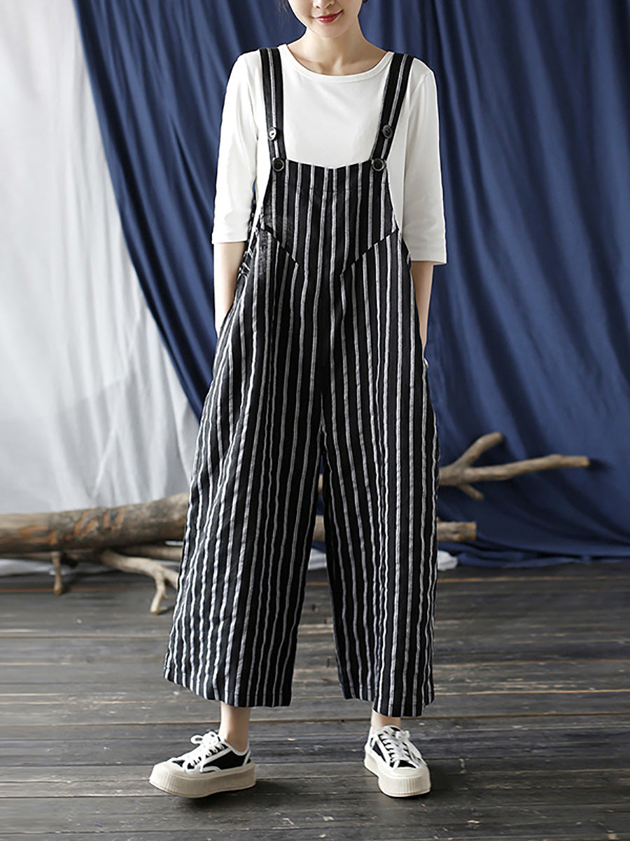 Women Summer Casual Stripe Wide-leg Linen Jumpsuits LL008