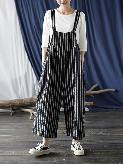 Women Summer Casual Stripe Wide-leg Linen Jumpsuits LL008