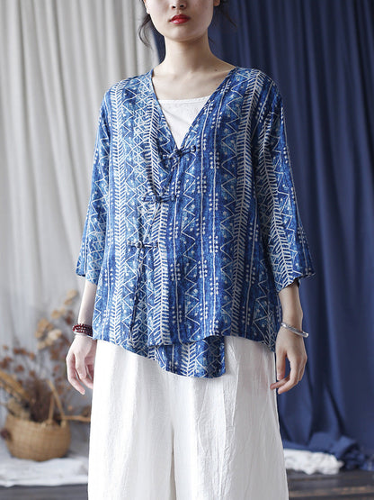 Women Summer Ethnic Print Slant Button-up V-Neck Shirt LL011