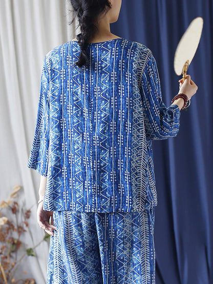 Women Summer Ethnic Print Slant Button-up V-Neck Shirt LL011