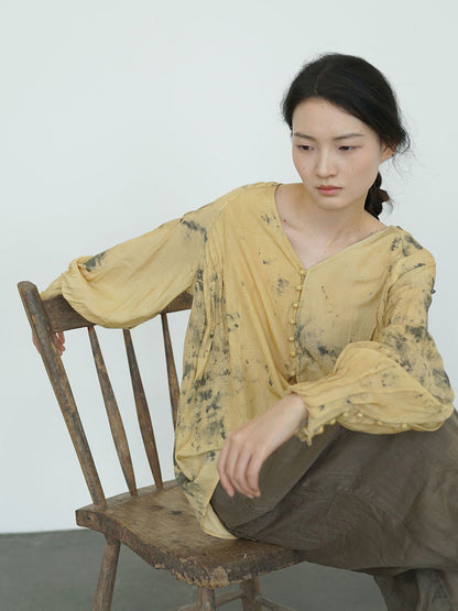 Women Summer Vintage Ink-print V-Neck Loose Shirt LL012