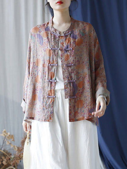 Women Summer Vintage Floral Button-up Ramie Shirt LL021