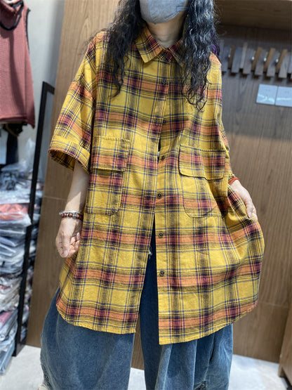 Women Summer Vintage Plaid Button-up Cotton Shirt LL013