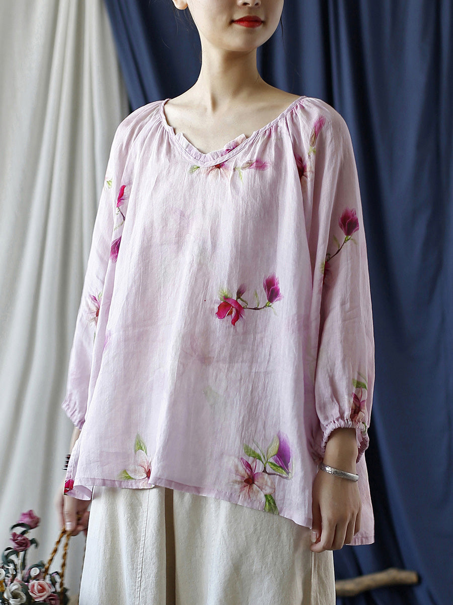 Women Summer Artsy Flower V-Neck Ramie Loose Shirt CC034