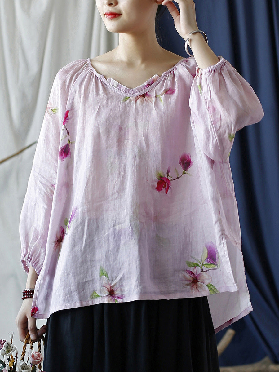 Women Summer Artsy Flower V-Neck Ramie Loose Shirt CC034