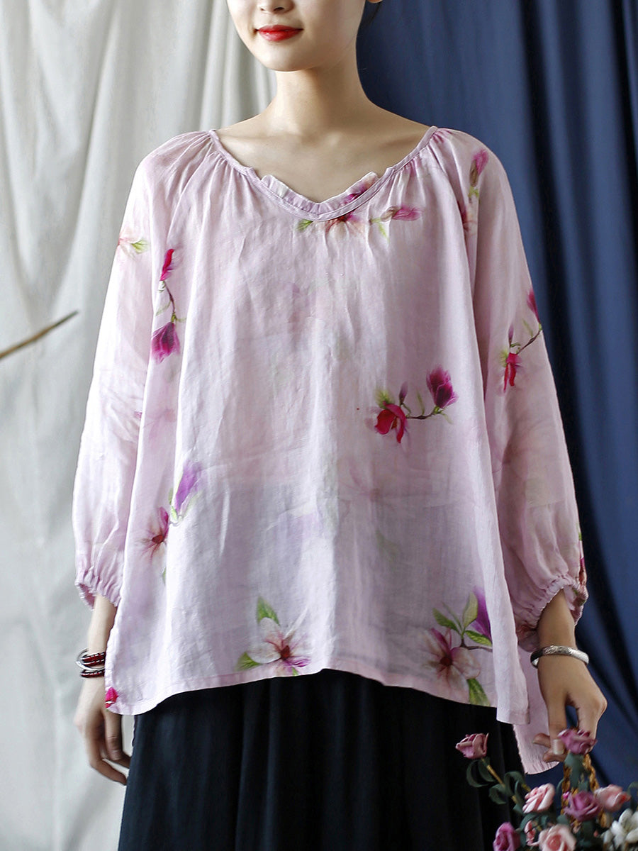 Women Summer Artsy Flower V-Neck Ramie Loose Shirt CC034