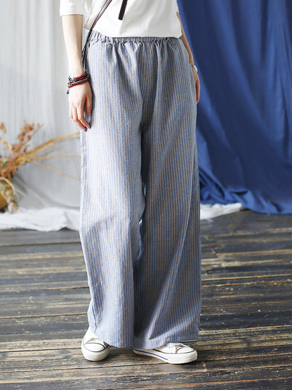 Women Summer Artsy Stripe Wide-leg Linen Cotton Pants CC042