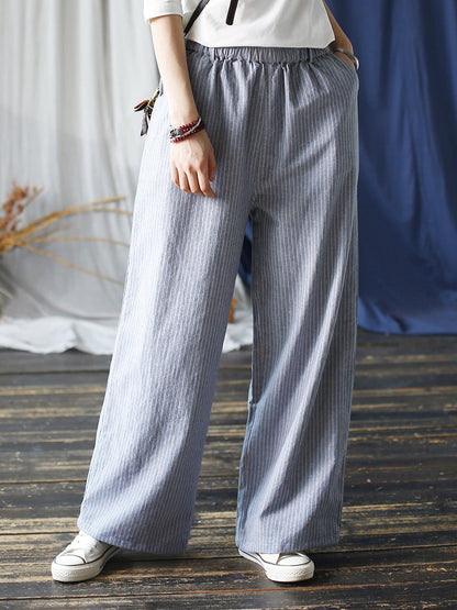 Women Summer Artsy Stripe Wide-leg Linen Cotton Pants CC042