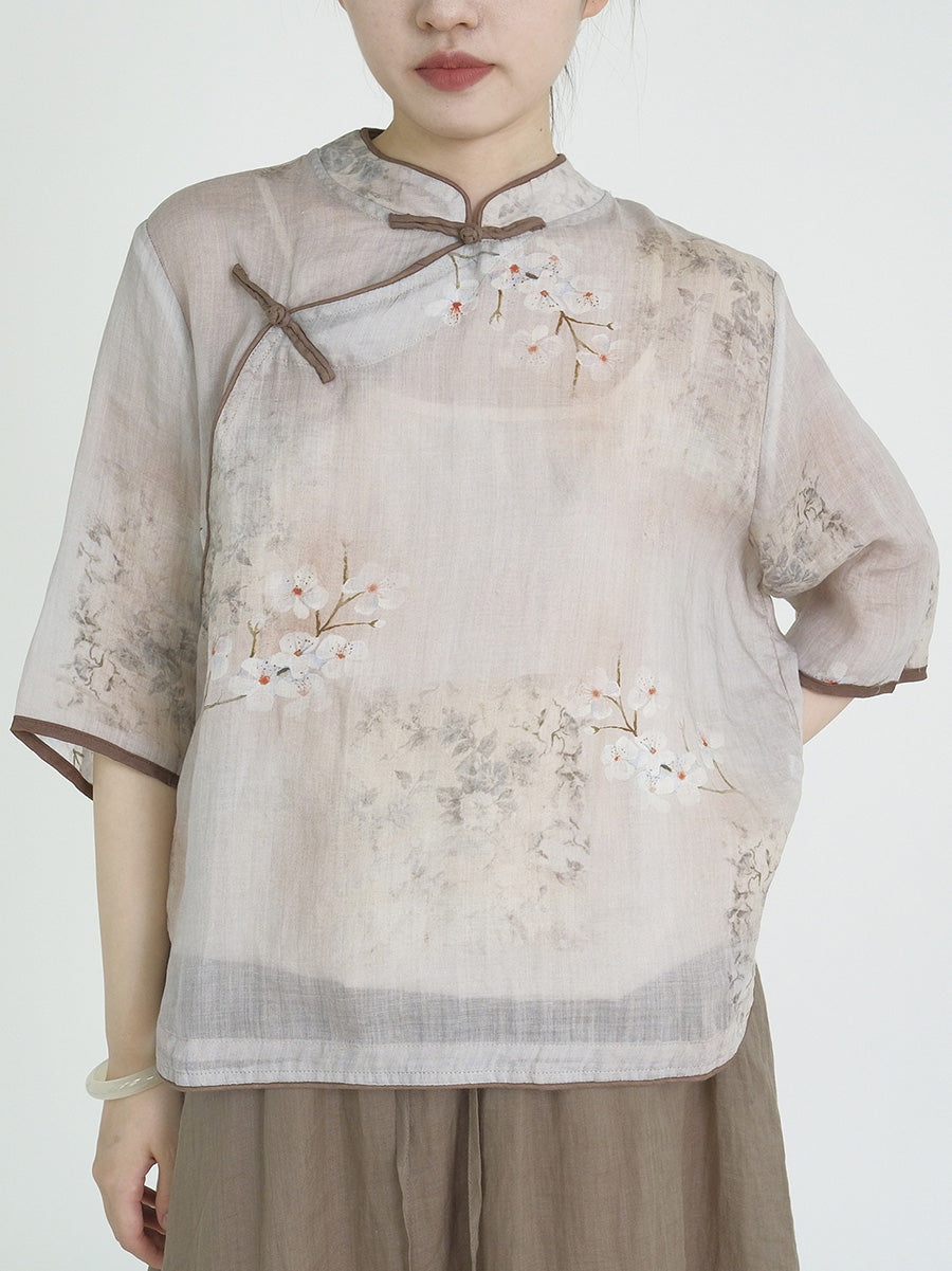 Women Ethnic Flower Print Slant Buckle Ramie Shirt CC044