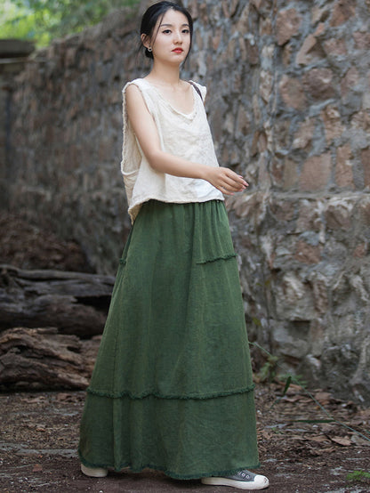 Women Summer Retro Solid Raw-edge Ramie Skirt CC046