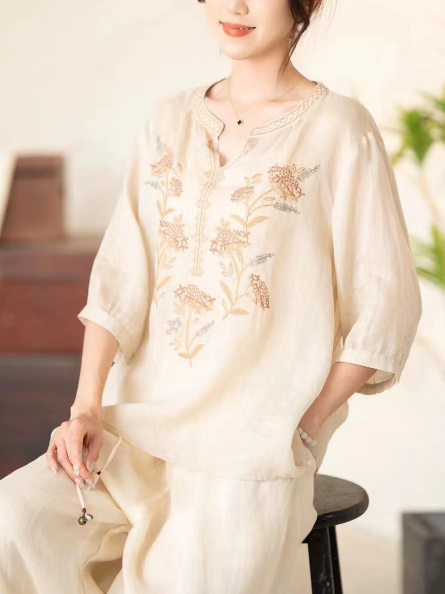 Women Summer Vintage Flower Embroidery V-neck Ramie Shirt CC036