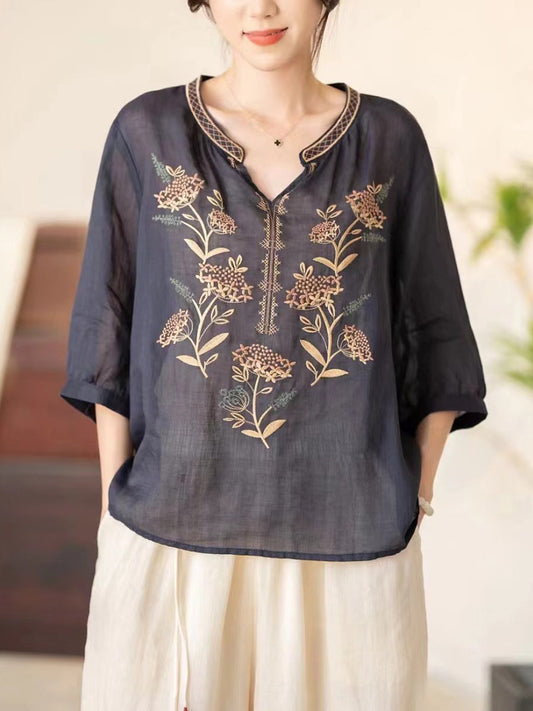 Women Summer Vintage Flower Embroidery V-neck Ramie Shirt CC036